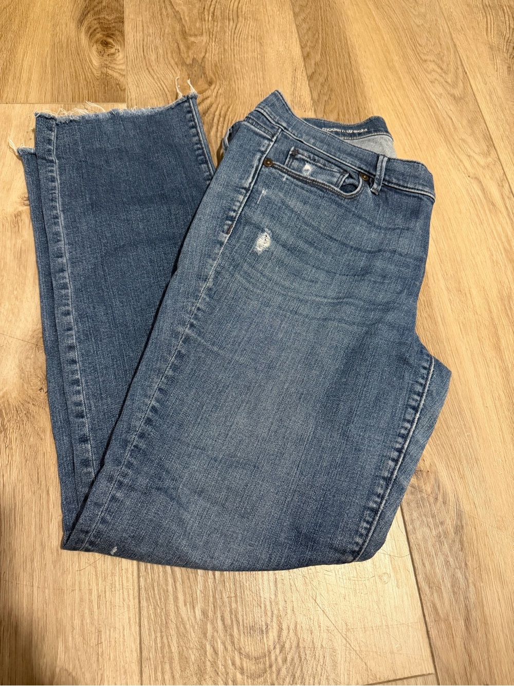 LOFT Women's Straight Leg Jeans in Mid Blue with Subtle Distress